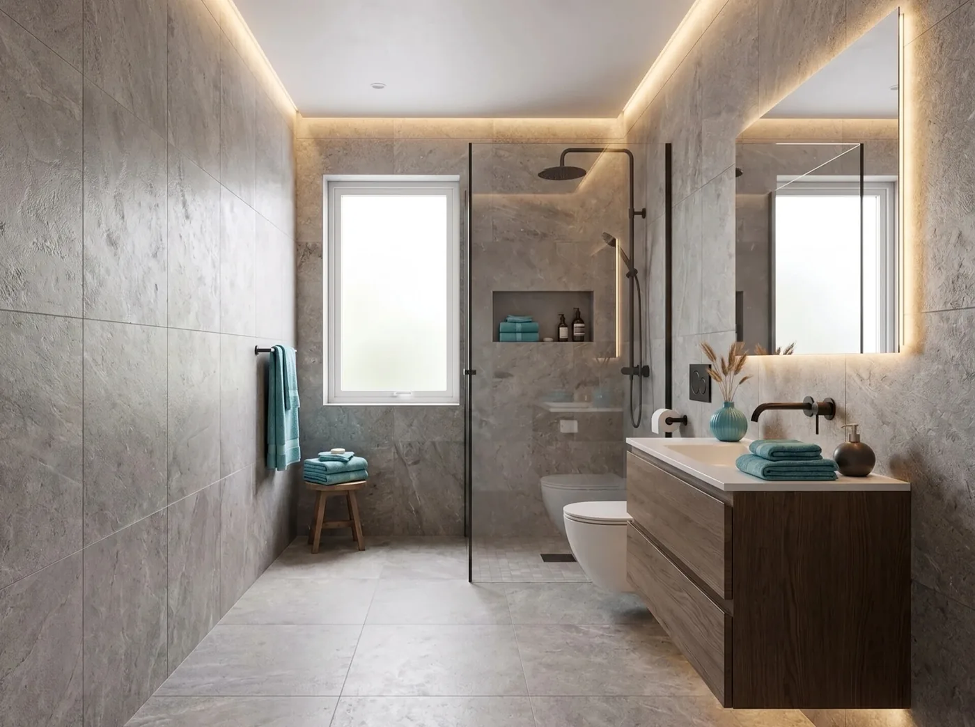Bad mit bodengleicher Dusche und beleuchtetem Spiegel