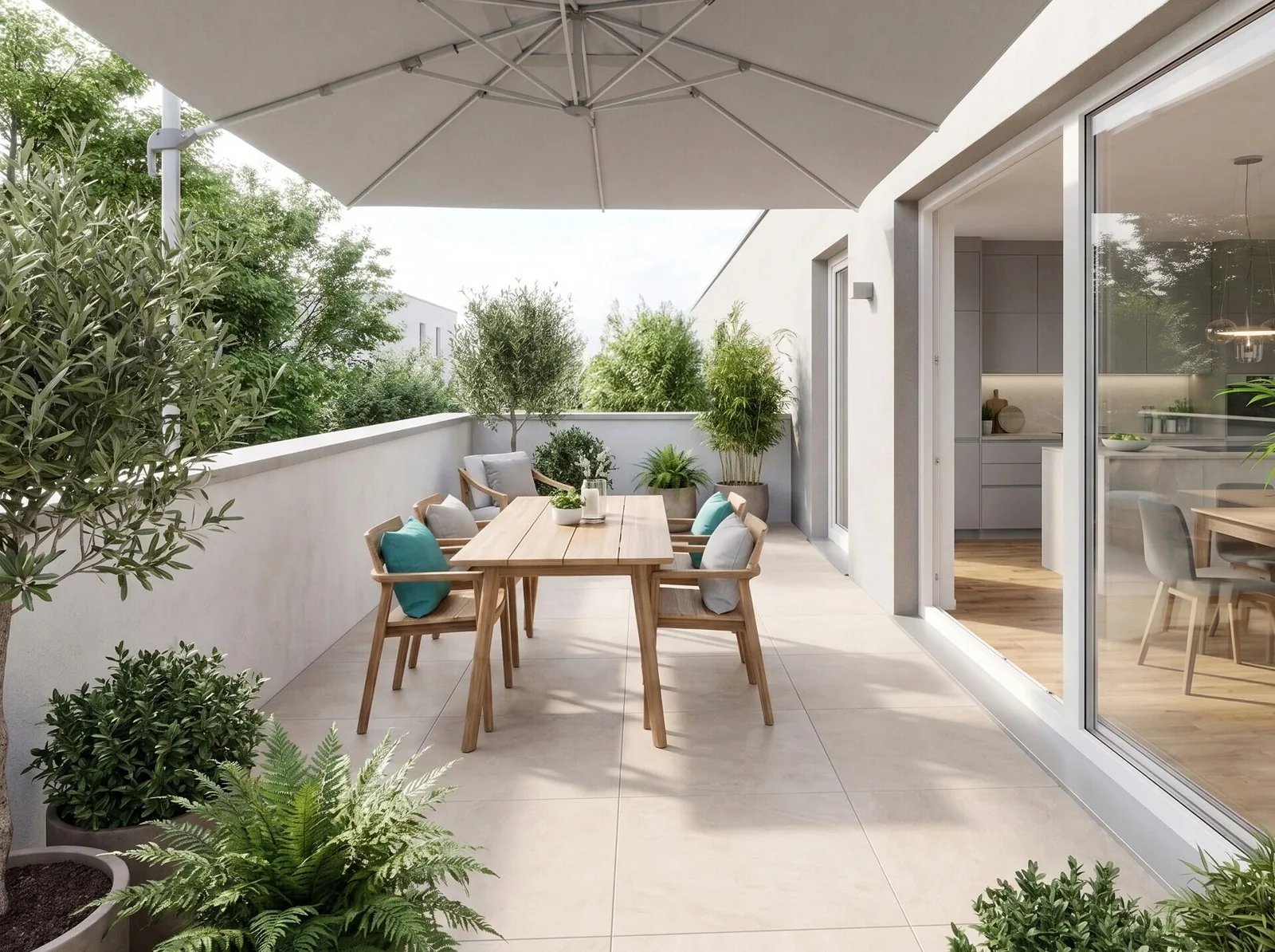 Dachterrasse eines Penthouses mit Sonnenschirm, Esstisch und Pflanzen