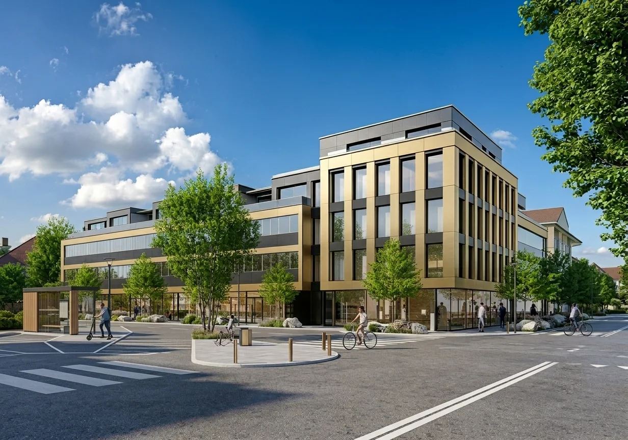 Gesamtansicht CityHubP39 mit Vorplatz und Eckturm