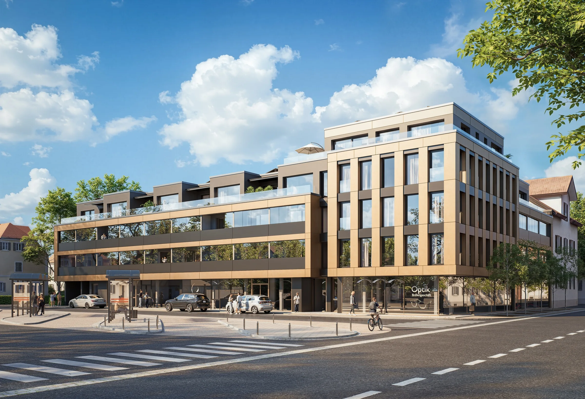 CityHubP39: Wohn- und Geschäftshaus mit Eckturm und Bronzefassade an der Bahnhofstraße in Penzberg