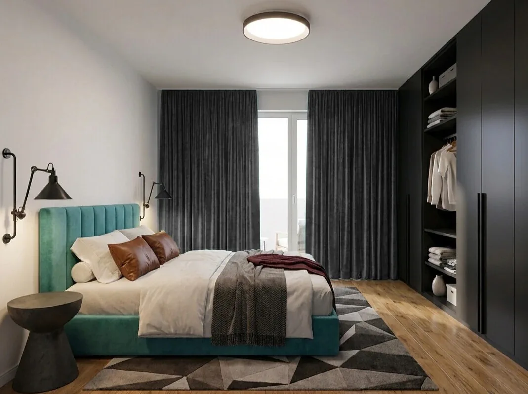 Schlafzimmer mit Einbauschrank und Parkett