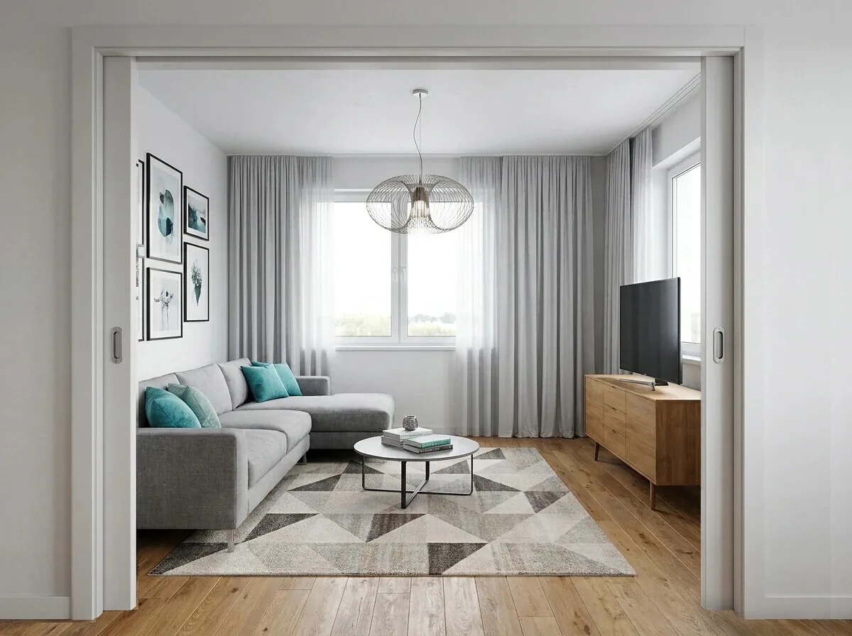 Wohnzimmer mit Sofa, Parkettboden und großem Fenster